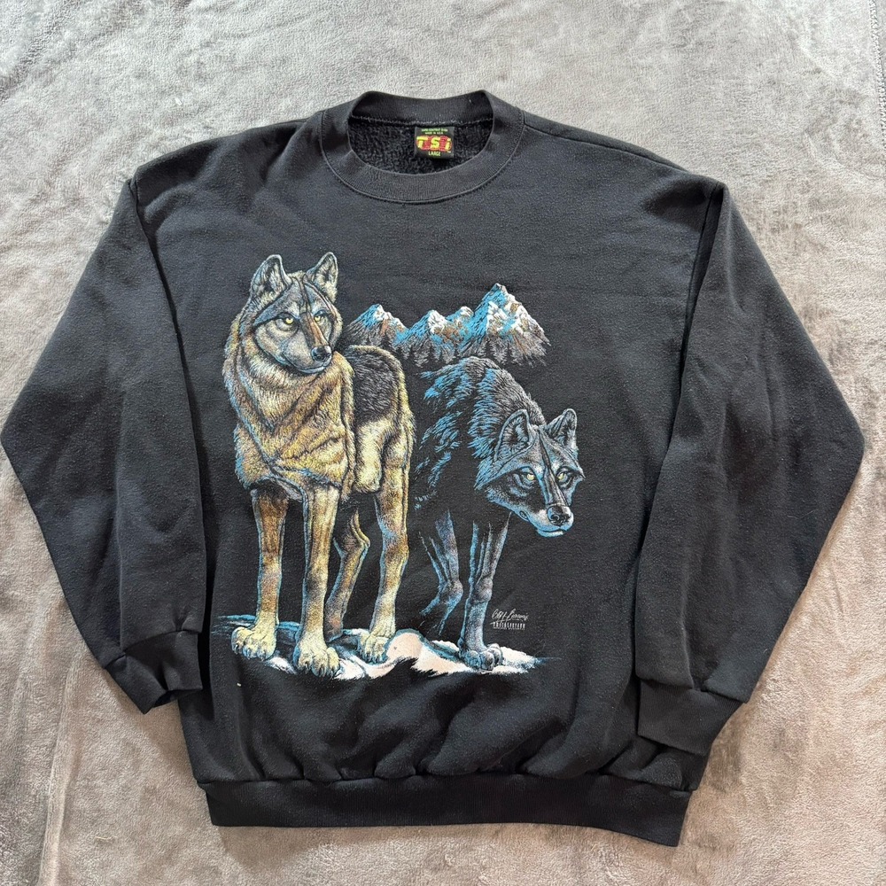 Vintage Wolf Crewneck Sweatshirt Size Large Black 80s Nature Sigma Pullover USA